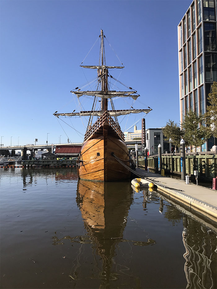 Artsy Head-On Photo of Replica Santa Maria Sailing Ship.